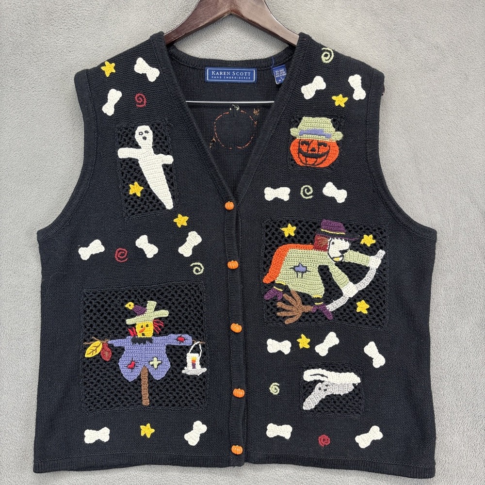 Karen Scott Black Halloween Crochet Patch Vest